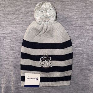SPERRY OS Silver Navy Striped Metallic Lurex Embroidered Logo Pom Pom Hat